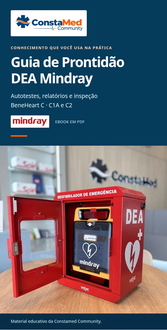 Capa do ebook Guia de Prontidão DEA Mindray, da Constamed Community, com fotografia real do BeneHeart C2.